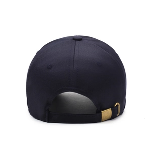 Classic navy cotton baseball cap rear view with adjustable bronze metal buckle