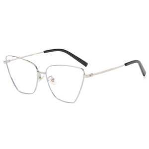 Y2K metallic silver cat-eye sunglasses with geometric frames and blue light lenses