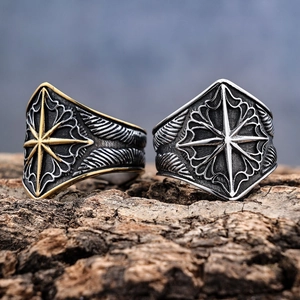 Nordic vintage Viking compass star ring in gold and silver finish on bark