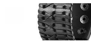 Detail of black woven leather bracelet featuring three polished alloy metal rivets