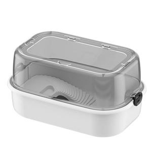 White kitchen dish drying box with a transparent grey lid and secure side locking clips