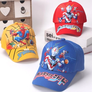 Detail view of kids cartoon sun hats featuring Spider-Man and Ultraman character designs