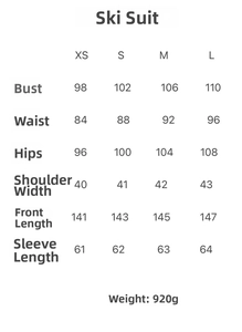 Size chart showing chest, waist, and length measurements for women's long sleeve ski suit