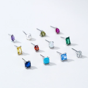 Set of 12 S925 sterling silver birthstone stud earrings with colorful gems and pearls