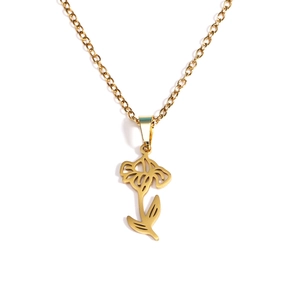 Detail of 18k gold plated stainless steel necklace featuring a stylized flower pendant