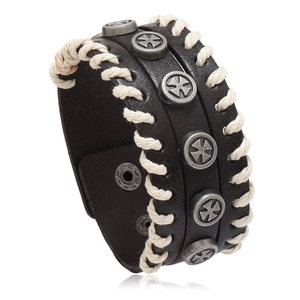 Brown leather cuff bracelet for men featuring metal cross studs and white rope weaving