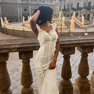 Off Shoulder Eyelet Spitze Maxi Kleid Französisch Vintage Spaghettiträger Hohe Taille Rüschen A-Linie Sommer Urlaub Sexy Kleid