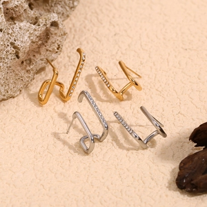 Geometric Stud Earrings Stainless Steel 18K Gold Plated Cubic Zirconia Asymmetric Double Layer Modern Elegant For Women