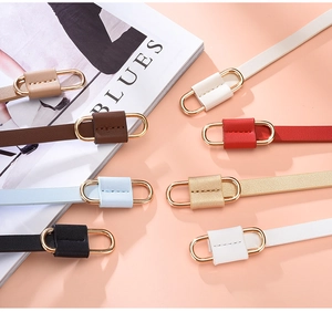 Flat lay of slim women's faux leather belts with gold D-ring buckles in eight colors