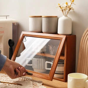 Retro solid wood desktop storage cabinet with double layer glass flip door for mugs