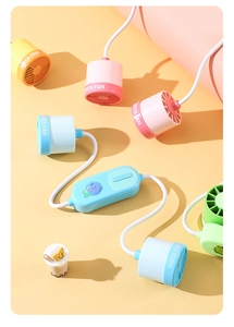 Macro view of adjustable neck fans in multiple macaron colors with cartoon motifs