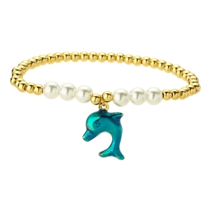 Fashion pearl and gold bead bracelet featuring a teal iridescent dolphin charm pendant