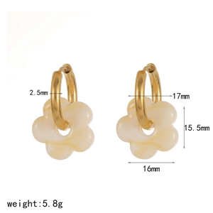 Detailed view of colorful flower charm hoop earrings with size and weight dimensions