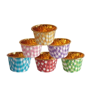 Close-up of colorful checkered cupcake liners with high-quality gold foil interior