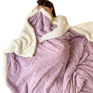 Double-layer thickened purple waffle blanket with white faux lamb fleece lining