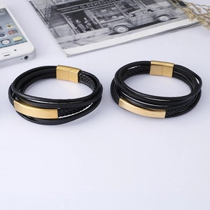 Men's multilayer woven black leather bracelet with gold stainless steel magnetic clasp