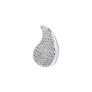 Macro detail of silver-toned teardrop pendant with micro-paved sparkling cubic zirconia
