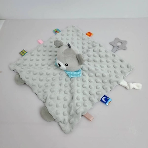 Gray plush baby comforter with soft minky texture and cute animal head detail