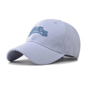 Detail of 3D nothing embroidery on light blue cotton canvas baseball cap