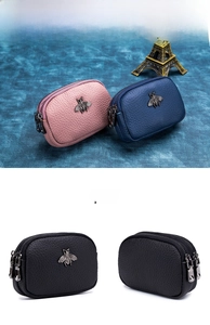 Three-tier leather coin purses with bee hardware and lychee pattern in multiple colors