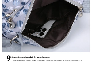Detailed internal view of the nylon crossbody bag showing zip pockets and compartments