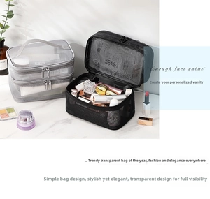 Close-up of double-layer mesh makeup bags with dual zippers on white marble table
