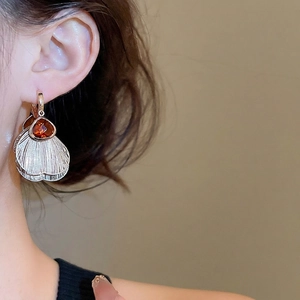 Silver crystal petal tassel earrings with red teardrop gem in French vintage style