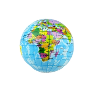 Close-up of a PU foam globe stress ball with detailed world map and country labels