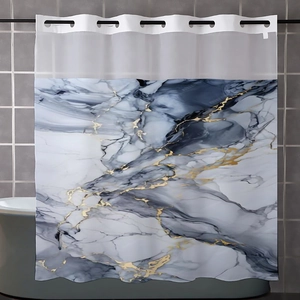 Detail of marble pattern shower curtain with gold lines and durable metal eyelets