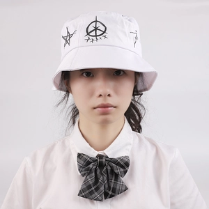 White cotton bucket hat for men and women with black street style graphic embroidery