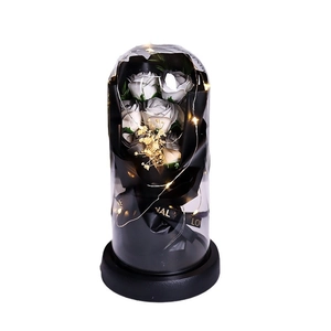 Preserved soap rose in glass dome with LED lights and black base for romantic gift