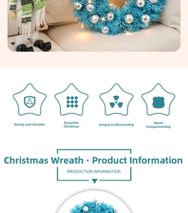 Detail of 30cm blue Christmas wreath with silver baubles and warm LED fairy lights