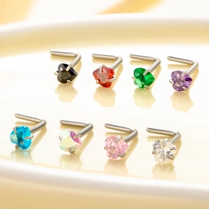 Set of 8 L-shaped nose studs with multi-color heart-shaped cubic zirconia in stainless steel