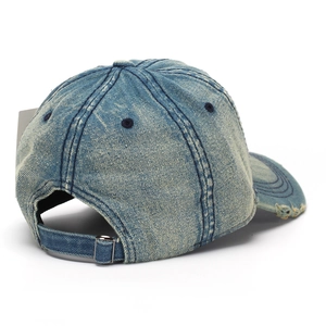 Vintage washed denim baseball cap with 3D embroidery and distressed edges in light blue