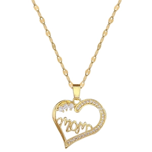 Luxury gold titanium steel heart pendant necklace with mom lettering and zircon crystals