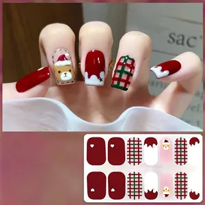 Christmas gel nail wraps with cute Santa bear and red green plaid designs CS-441
