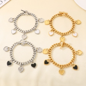 Bracelets à maille gourmette avec breloques cœur en émail noir et blanc plaqué or 18K et argent