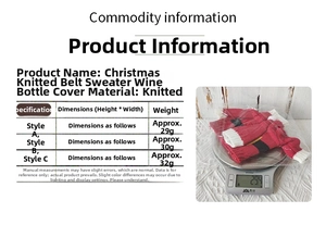 Detail showing knitted Christmas wine bottle sweater weight specifications and material