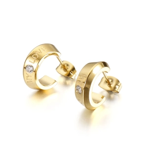 Golden C-shaped earrings with 'MY LOVE' engraving and small zircon inlay on white background
