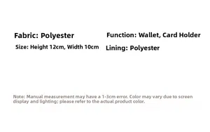 Polyester floral wallet specifications showing 12cm x 10cm dimensions and material details