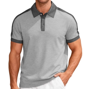 Men's short sleeve polo shirt in grey contrast color block design with three-button collar