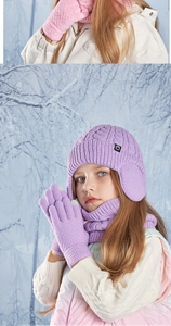 Winter set with knitted earflap hat, thick scarf and touch screen gloves for children