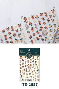 Macro shot of 3D embossed persimmon nail decals with golden Chinese fortune characters