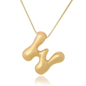 Detailed view of 3D bubble style letter E gold pendant with elegant box chain on white background
