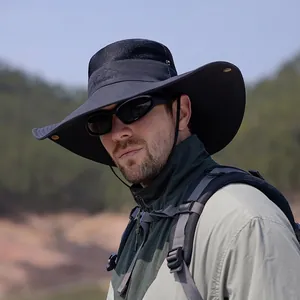 Outdoor charcoal wide brim sun hat with mesh vents and wind rope for men and women