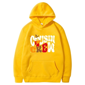 Bright yellow fleece hoodie featuring Cousin Crew turkey print for family gatherings
