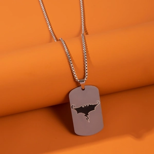 Detail of silver stainless steel rectangle tag with black bat motif on ball chain