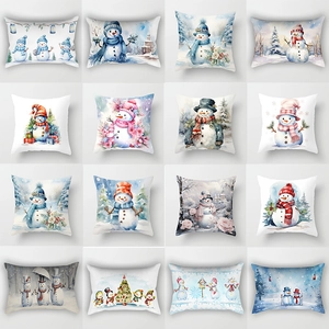Christmas Snowman Cushion Cover Soft Velvet Watercolor Pattern Holiday Decorative Pillowcase Home Decor