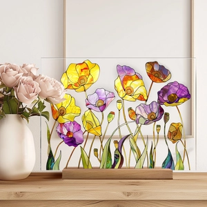 Floral acrylic table ornament with wooden base featuring yellow and purple stained glass style