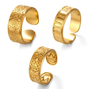 Three gold adjustable stainless steel open rings with vintage geometric engravings
